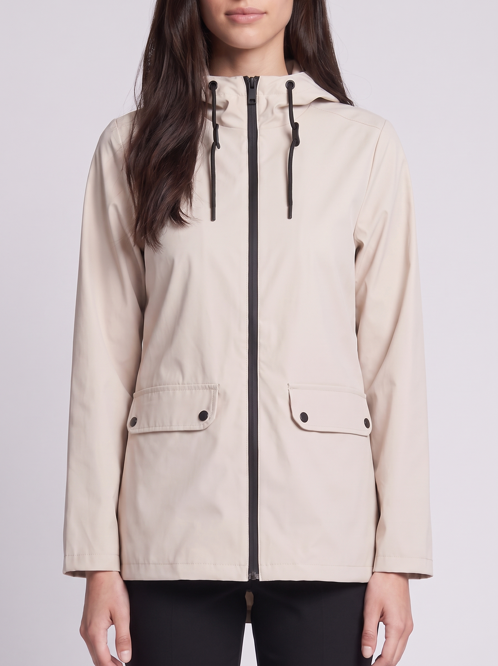 Grace | Beige Hooded Contrast-Zip Jacket, Snap-Pocket Woven Anorak