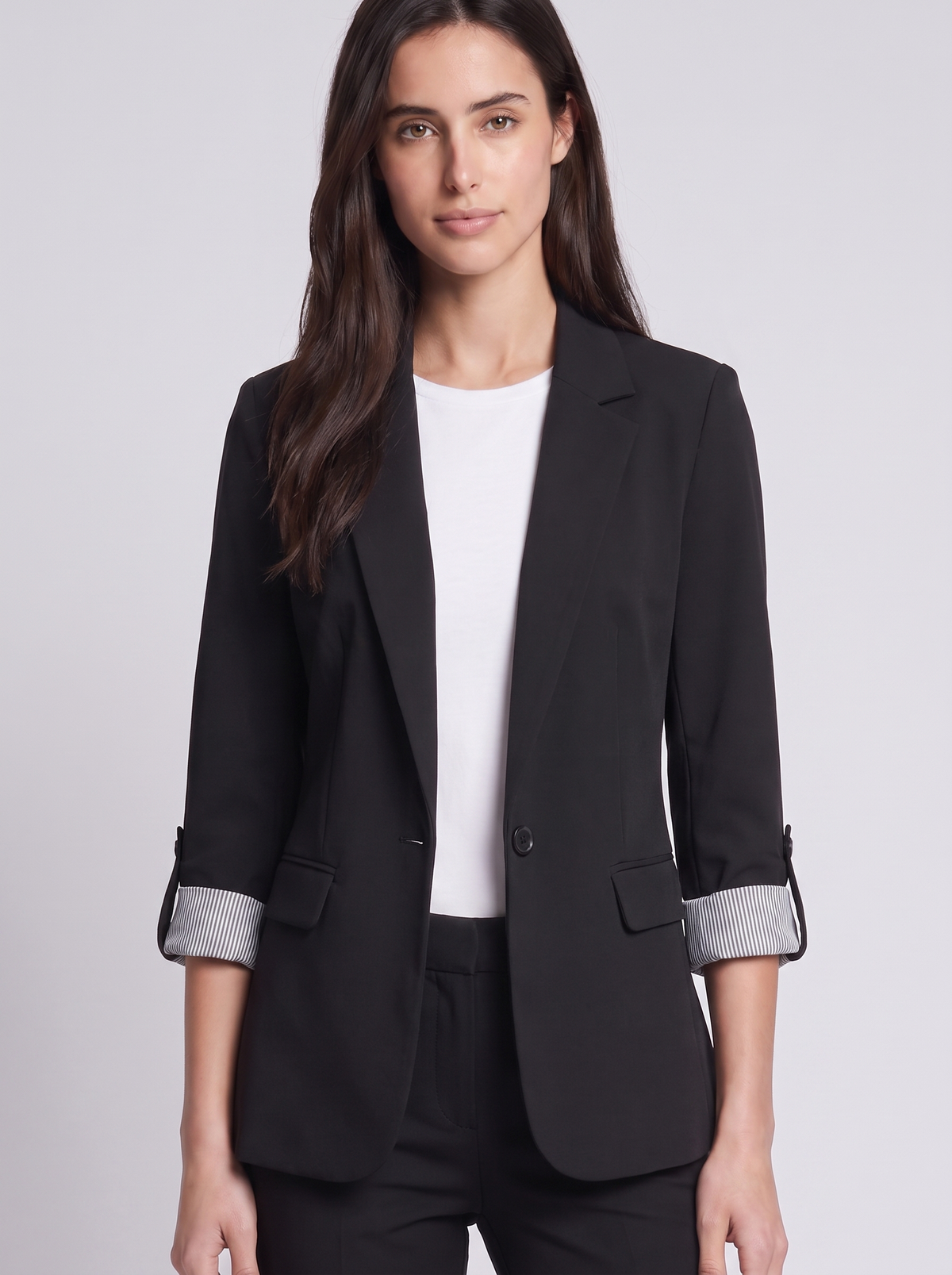 Grace | Black Single-Button Woven Blazer, Rolled-Cuff Notch-Lapel Jacket