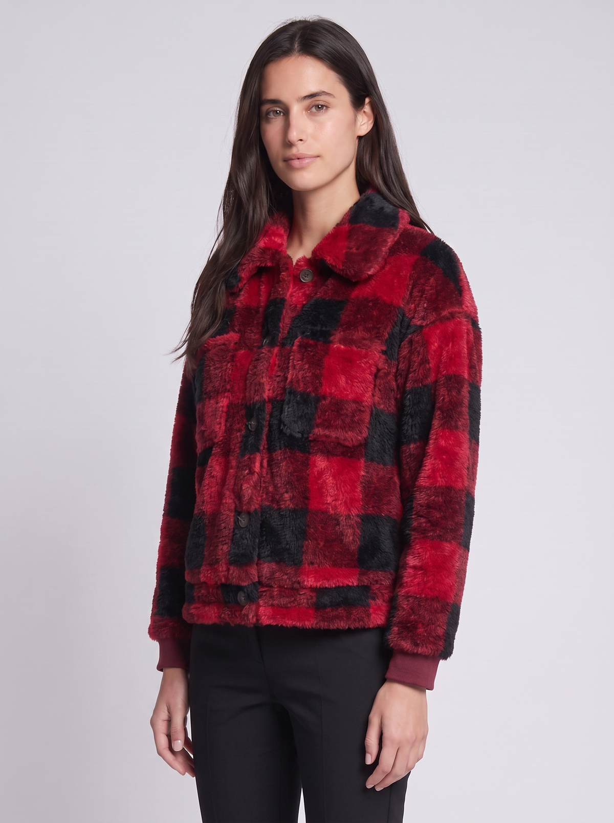 Grace | Red Buffalo Check Plush Fleece Jacket, Cropped Rib-Hem Bomber