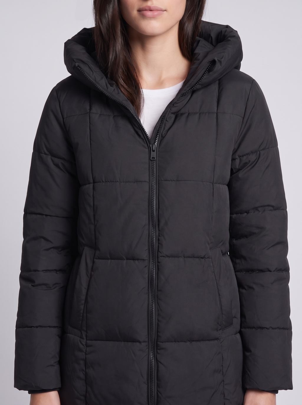 Grace | Black Box-Quilted Hooded Knee-Length Puffer Coat, Padded Winter Parka