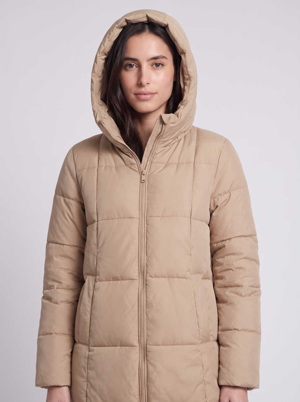 Grace | Beige Box-Quilted Hooded Knee-Length Coat, Zip-Front Padded Parka