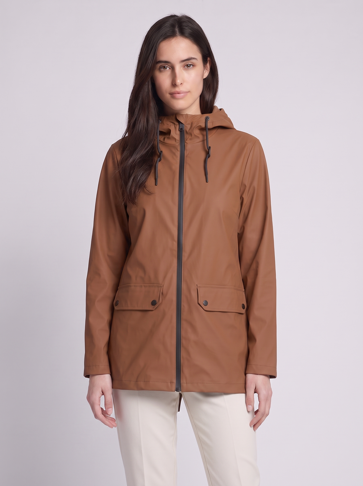 Grace | Brown Drawstring-Hood Woven Jacket, Zip-Front Flap-Pocket Anorak