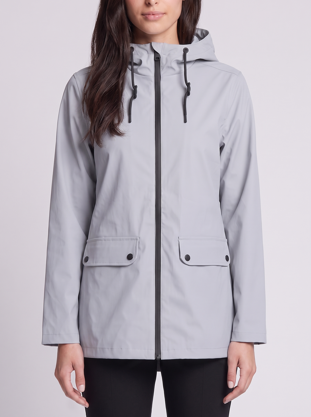 Grace | Grey Drawstring-Hood Zip-Front Jacket, Flap-Pocket Woven Anorak