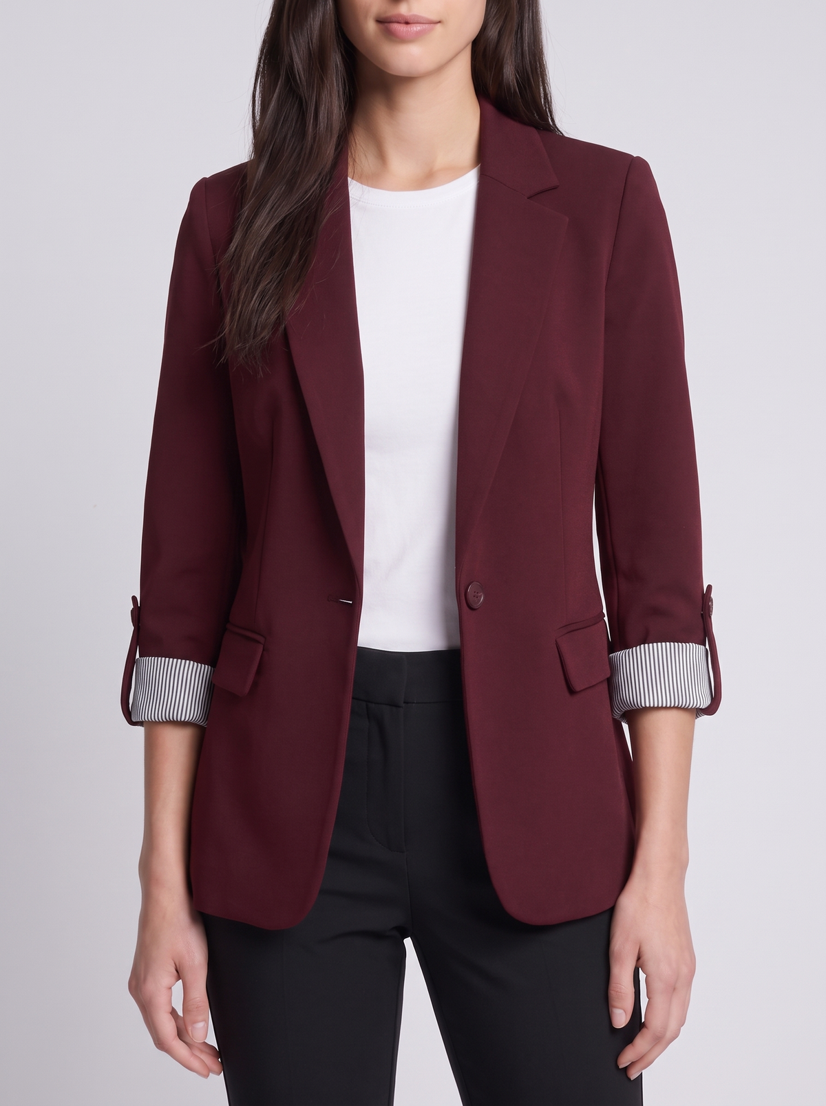 Grace | Maroon Notch-Lapel Woven Blazer, Rolled-Cuff Tailored Jacket