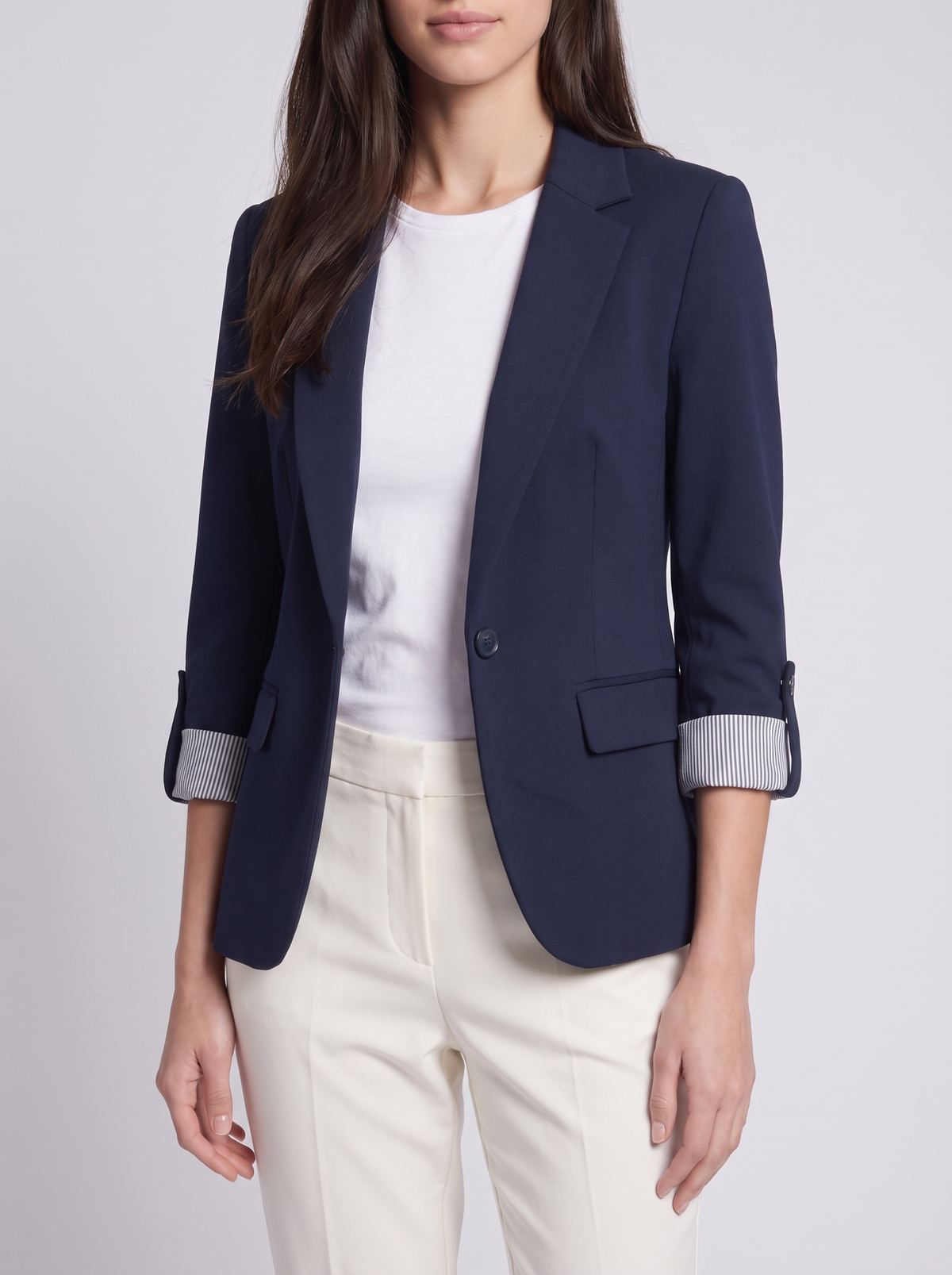 Grace | Navy Single-Button Tailored Blazer, Roll-Sleeve Notch-Lapel Jacket