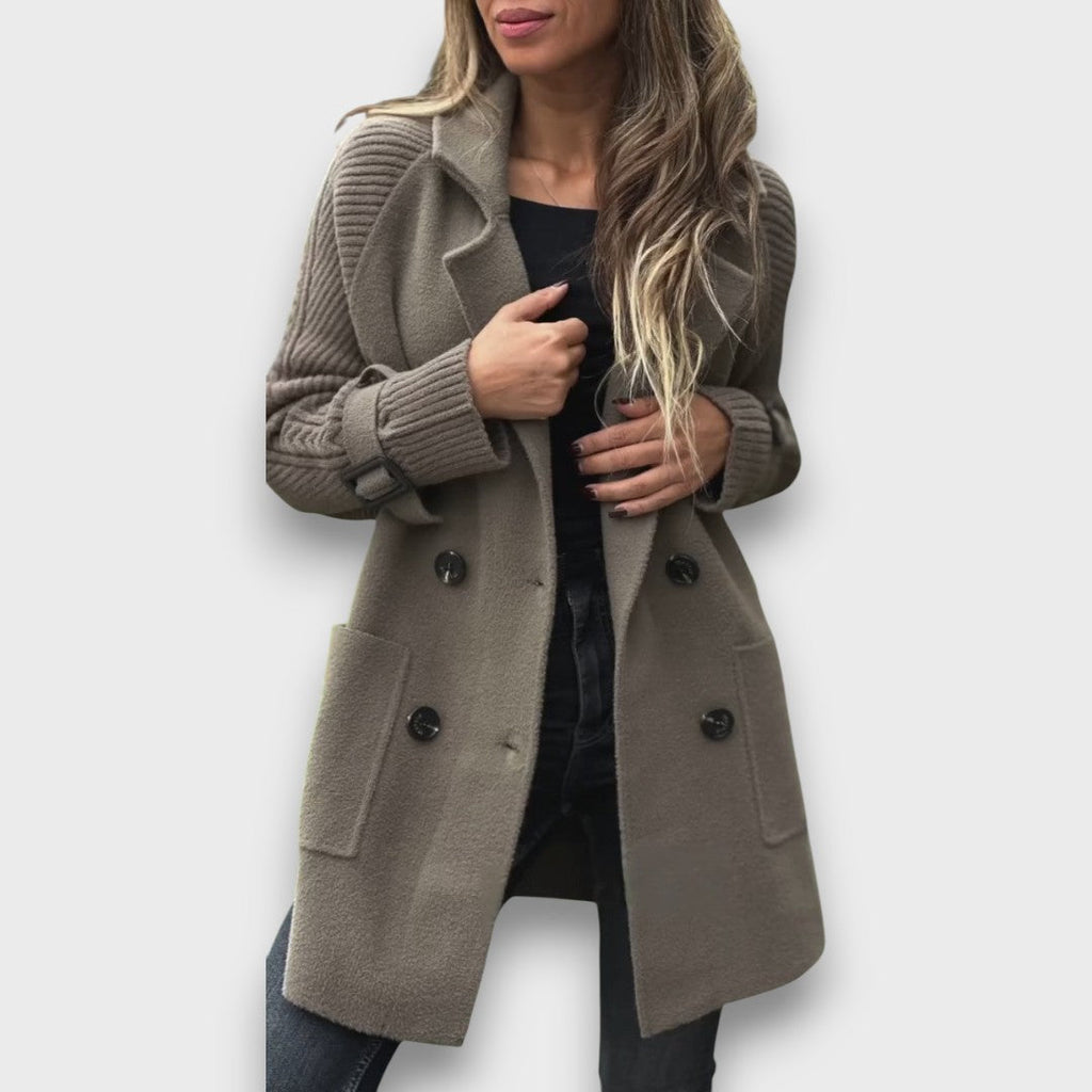 Emma | Taupe Double-Breasted Knit Coat, Cable-Sleeve Notch-Lapel Cardigan