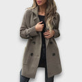 Emma | Taupe Double-Breasted Knit Coat, Cable-Sleeve Notch-Lapel Cardigan