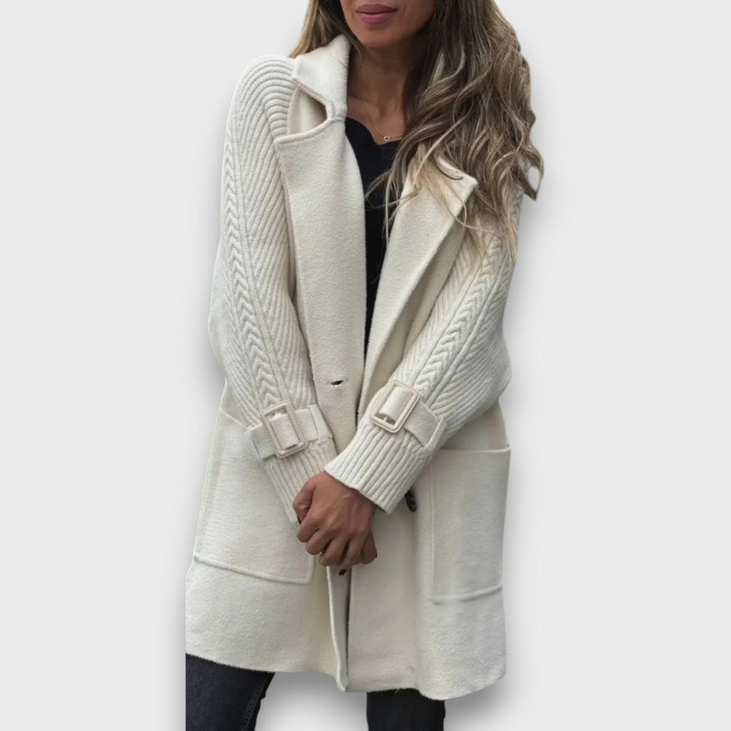 Emma | Taupe Double-Breasted Knit Coat, Cable-Sleeve Notch-Lapel Cardigan