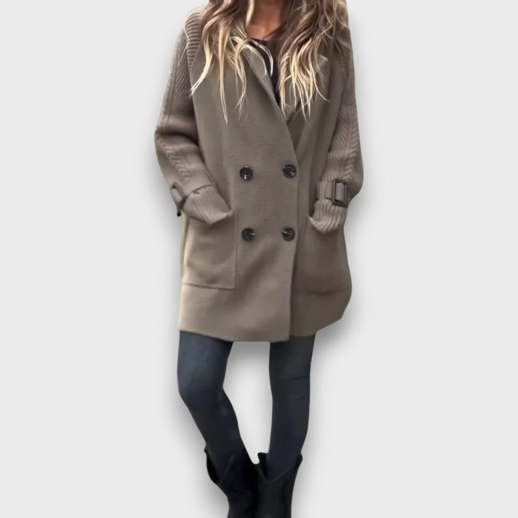 Emma | Taupe Double-Breasted Knit Coat, Cable-Sleeve Notch-Lapel Cardigan