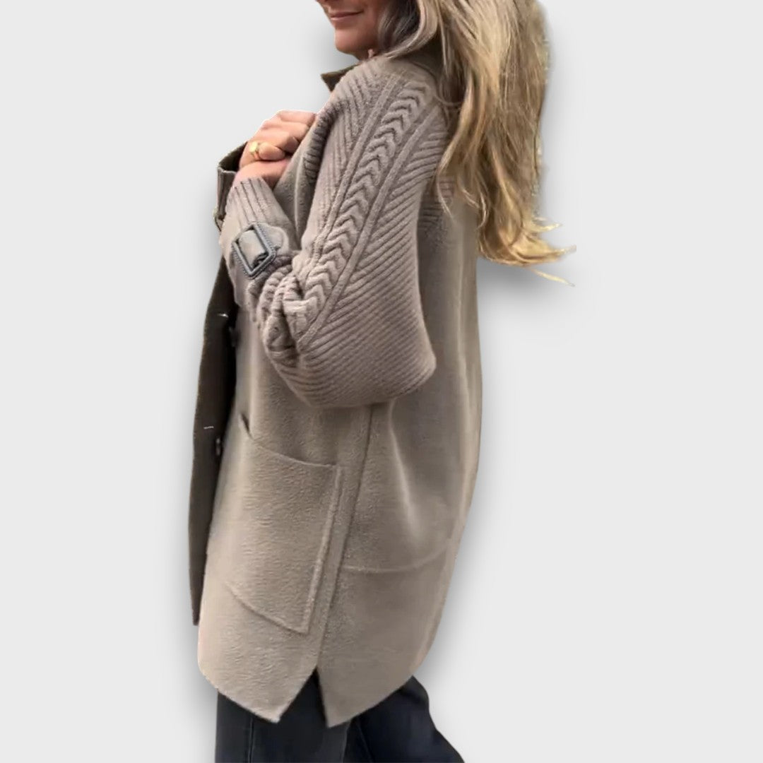 Emma | Taupe Double-Breasted Knit Coat, Cable-Sleeve Notch-Lapel Cardigan