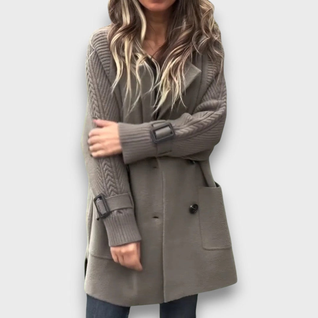 Emma | Taupe Double-Breasted Knit Coat, Cable-Sleeve Notch-Lapel Cardigan