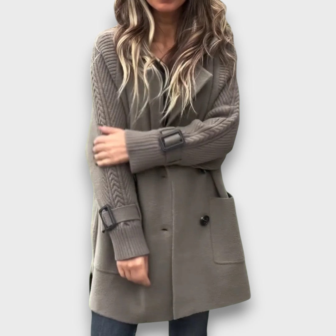 Emma | Taupe Double-Breasted Knit Coat, Cable-Sleeve Notch-Lapel Cardigan