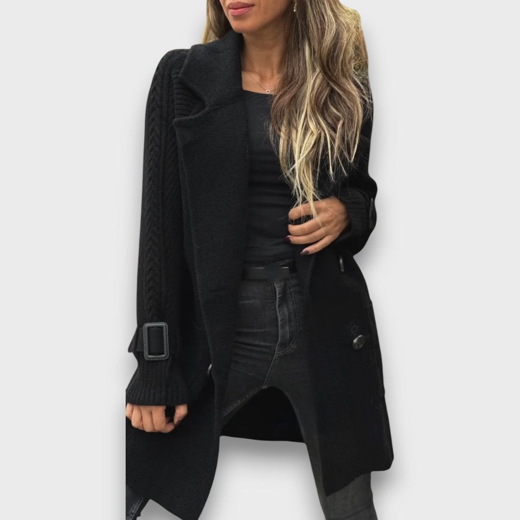 Emma | Taupe Double-Breasted Knit Coat, Cable-Sleeve Notch-Lapel Cardigan