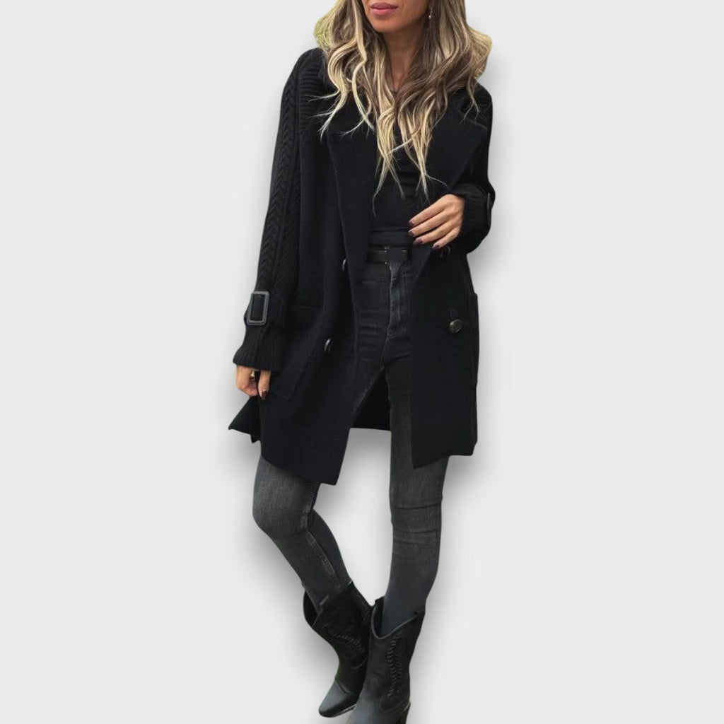 Emma | Taupe Double-Breasted Knit Coat, Cable-Sleeve Notch-Lapel Cardigan