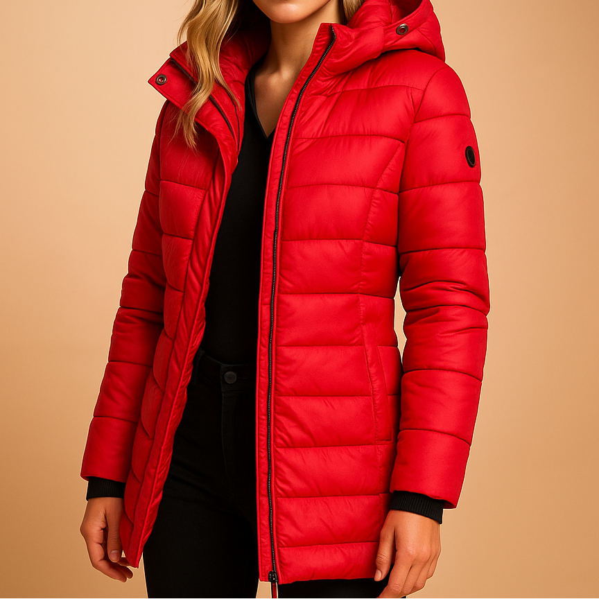 Lily | Navy Hooded Channel-Quilted Puffer Coat, Slim Mid-Thigh Padded Jacket