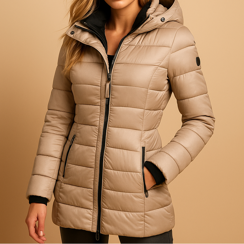 Lily | Navy Hooded Channel-Quilted Puffer Coat, Slim Mid-Thigh Padded Jacket