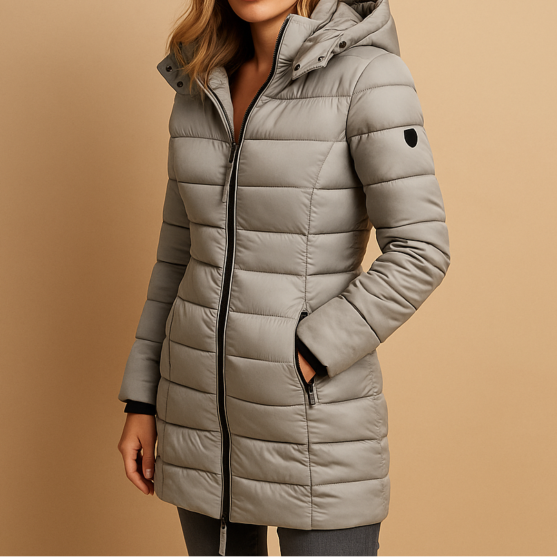 Lily | Navy Hooded Channel-Quilted Puffer Coat, Slim Mid-Thigh Padded Jacket