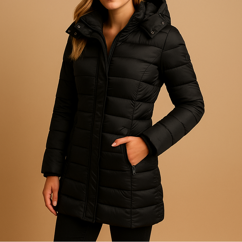 Lily | Navy Hooded Channel-Quilted Puffer Coat, Slim Mid-Thigh Padded Jacket