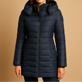 Lily | Navy Hooded Channel-Quilted Puffer Coat, Slim Mid-Thigh Padded Jacket