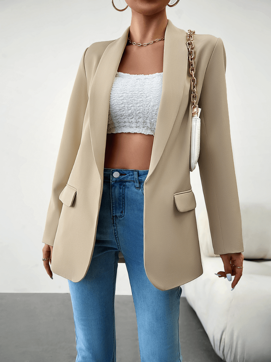 Emma | Beige Open-Front Shawl-Lapel Blazer, Flap-Pocket Tailored Jacket