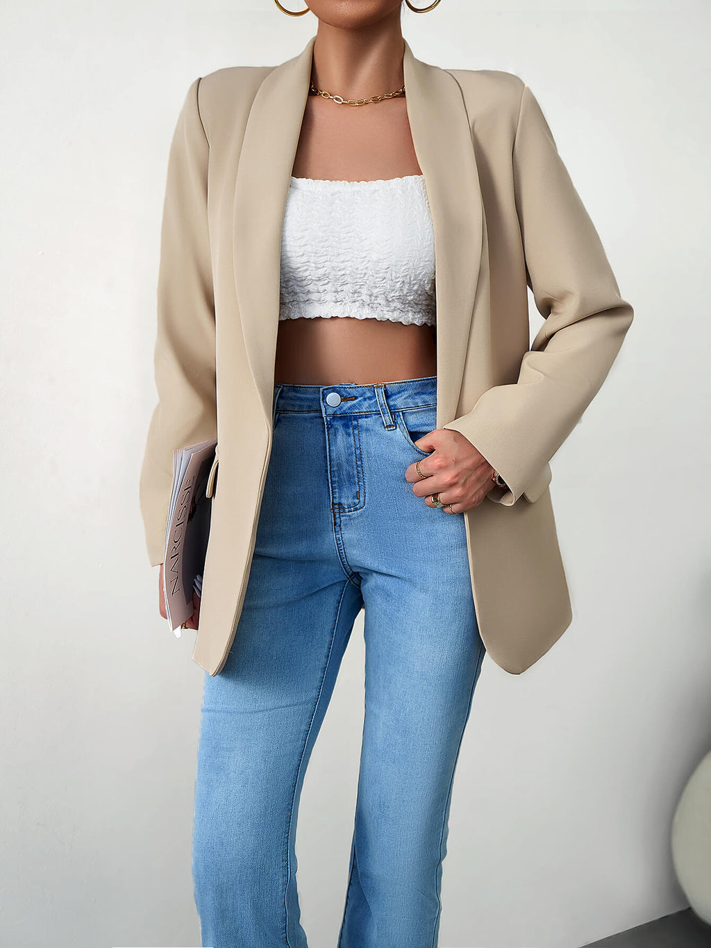 Emma | Beige Open-Front Shawl-Lapel Blazer, Flap-Pocket Tailored Jacket