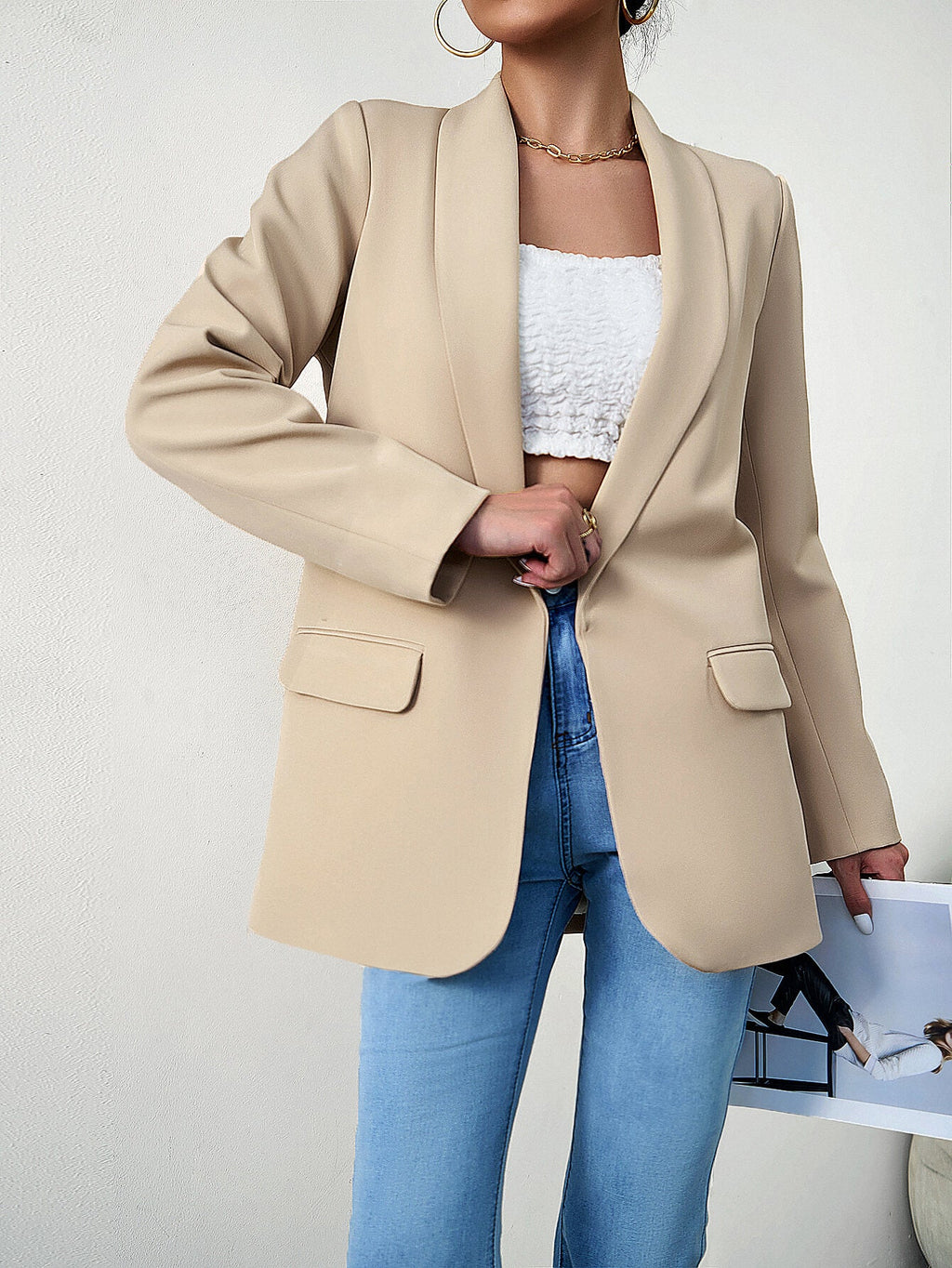 Emma | Beige Open-Front Shawl-Lapel Blazer, Flap-Pocket Tailored Jacket