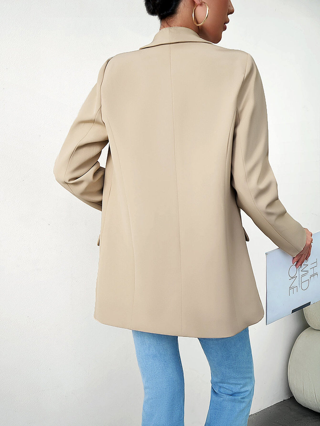 Emma | Beige Open-Front Shawl-Lapel Blazer, Flap-Pocket Tailored Jacket