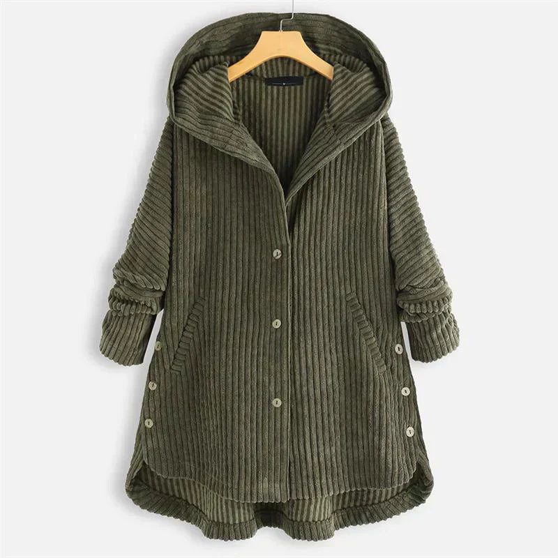 Lily | Black Ribbed Hooded Button-Up Coat