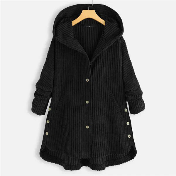 Lily | Black Ribbed Hooded Button-Up Coat