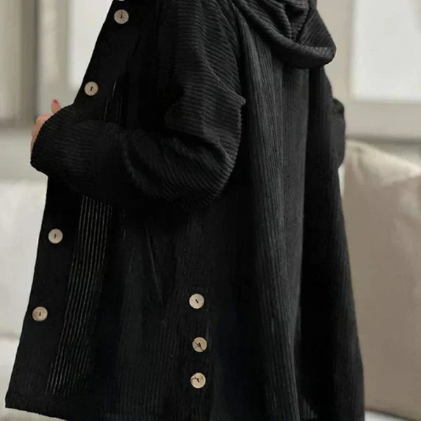 Lily | Black Ribbed Hooded Button-Up Coat