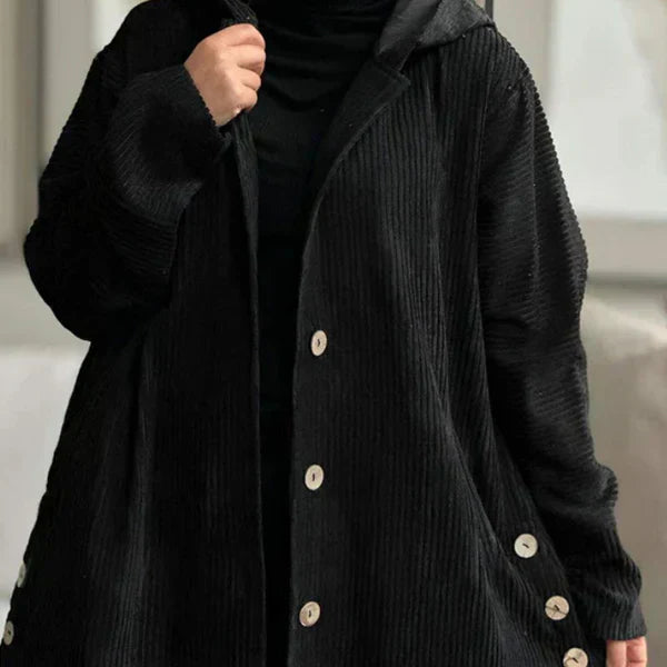 Lily | Black Ribbed Hooded Button-Up Coat