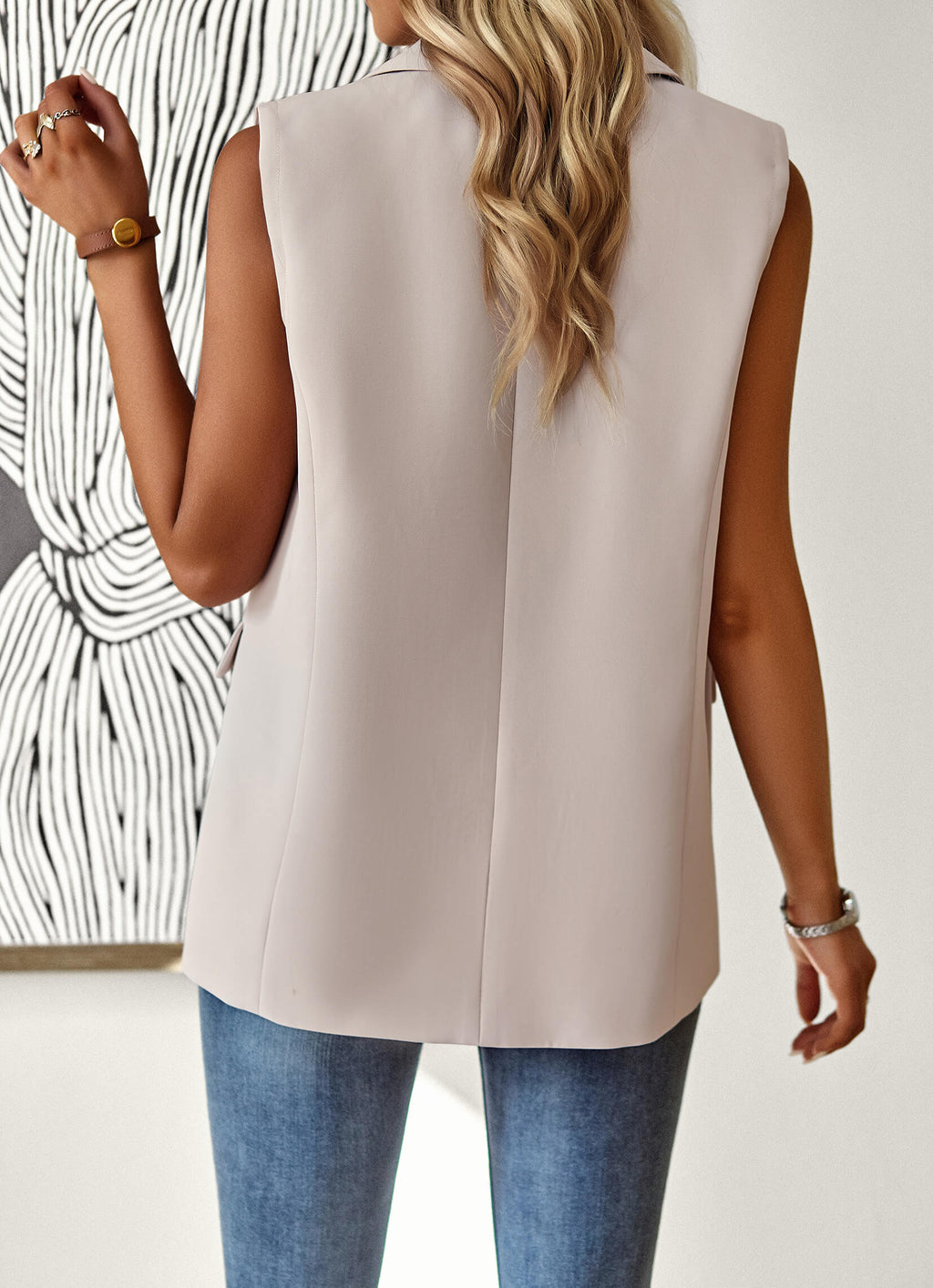 Emma | Taupe Sleeveless Blazer Vest, Longline Notch-Lapel Gilet
